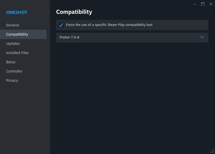The Steam compatibility tab for OneShot.