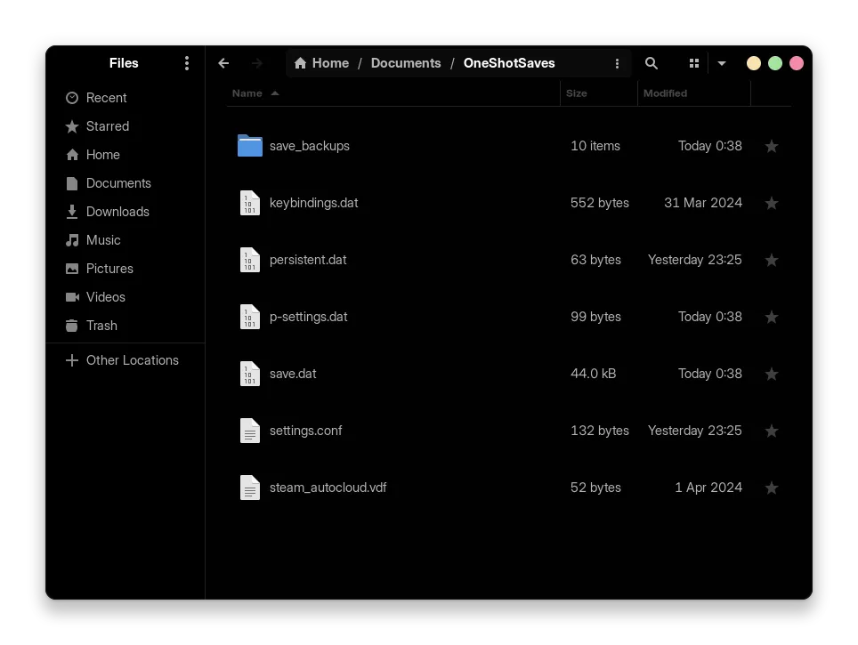 The OneShotSaves symlink in your home directory's Documents folder. It contains your save files for OneShot, as well as some configuration files.