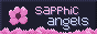 Our 88x31 button, made by adryd. To the left is a pink flower of a cherry blossom tree, to the right is the text saying 'Sapphic Angels'. To the bottom are some subtle cherry blossom flowers stacked together.